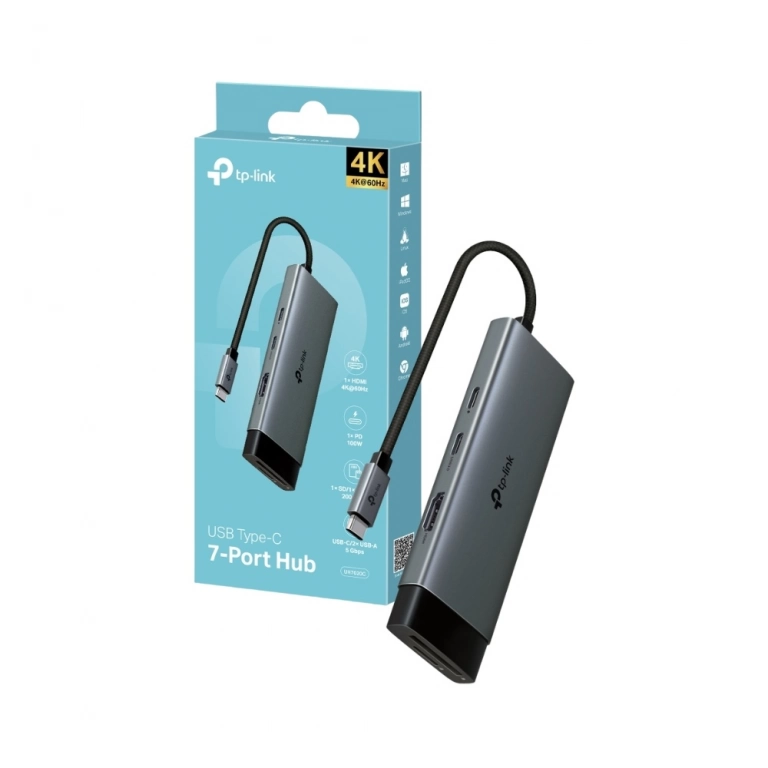Hub TP-LINK UH7020C | Conector USB-C, Puertos USB-C, 3 USB 3.0, HDMI (4K), MicroSD (TF), SD